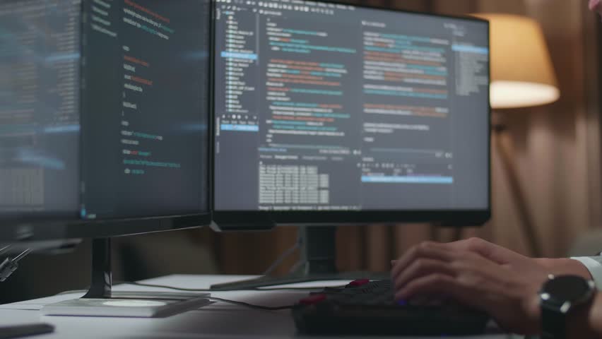 Close Up Of Desktop Computer's Monitor Showing Script Creating Software Engineer Developing App, Program, Video Game At Home. Terminal With Coding Language 
 Royalty-Free Stock Footage #1099082307