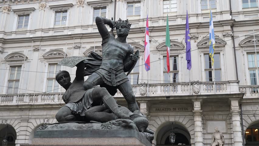 Monument in front of  the municipality of Turin, in Italy 4k footage
