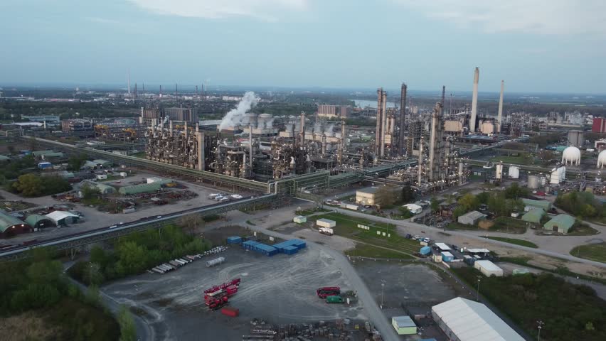 Industry area with gas pipes and chimneys emit smoke which results emissions and pollution caused by the production factories and destroy environment – shot from above  | Shutterstock HD Video #1099082729