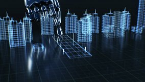 Robot Hand Click on Touch Screen and Digital Buildings Hologram Growing 3d Animation. Metal Finger Starts Virtual Construction Process. Artificial Intelligence and Machine Learning Concept 4k.  - Powered by Shutterstock - Get 15% off with code: PIKWIZARD15