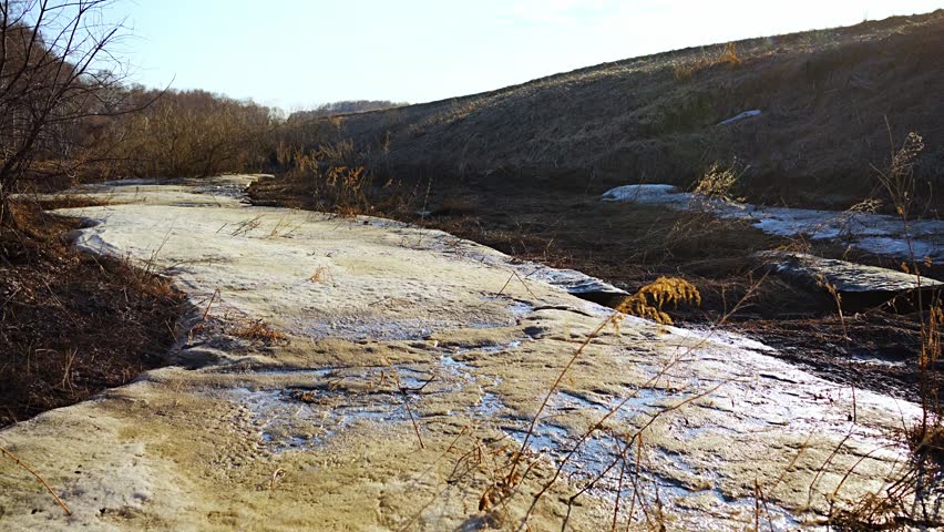 Melting ice on a cold river in early spring season. Beautiful nature scene with snow, ice and rapid river water close-up. Spring coming, global warming, season changing concept.High quality 4k footage