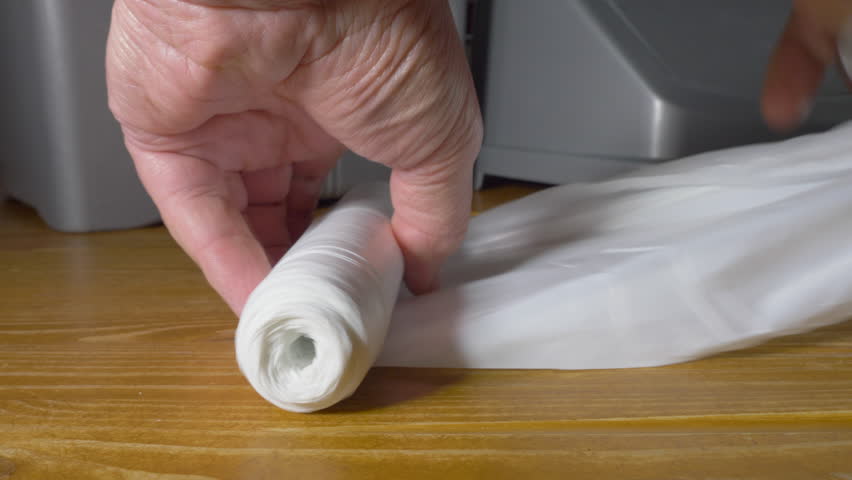 Closeup of a man’s hands unrolling and snapping off a new plastic liner for the kitchen trash can in the background. | Shutterstock HD Video #1099089235