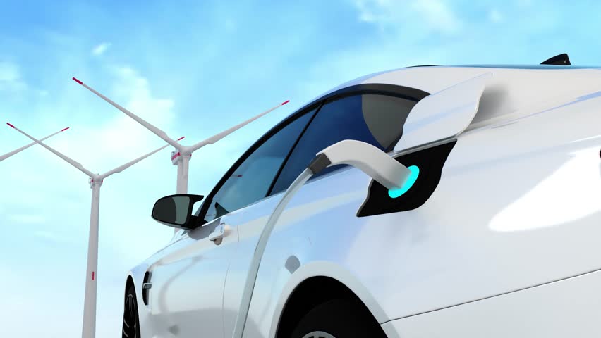 Car charging on the background of a windmills. Charging electric car. Electric car charging on wind turbines background. Vehicles using renewable energy. 3d Animation, 4K Ultra Hd. Royalty-Free Stock Footage #1099089419