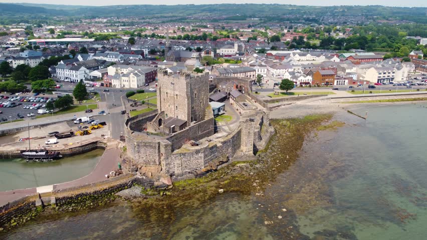 Aerial video of Carrickfergus Castle Co Antrim Northern Ireland where King William landed in 1690