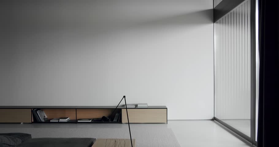 Modern contemporary white Minimalist living room with wooden Bookshelf and large sliding windows. Fashionable furniture. Minimalist Home Interior. Cozy Modern Furniture Design. Luxury Elegant Room Royalty-Free Stock Footage #1099090003