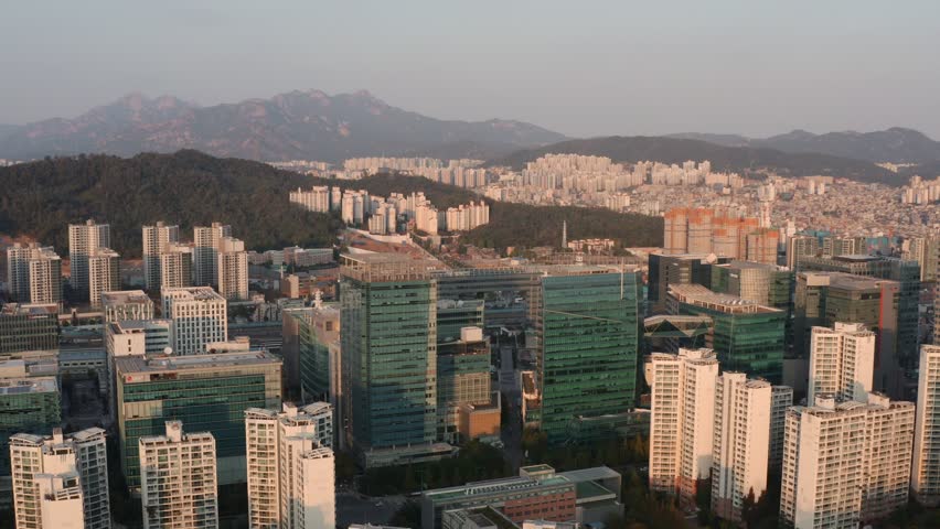 Korea drone footage, seoul city landscape, Seoul, autumn, Han river, sunset