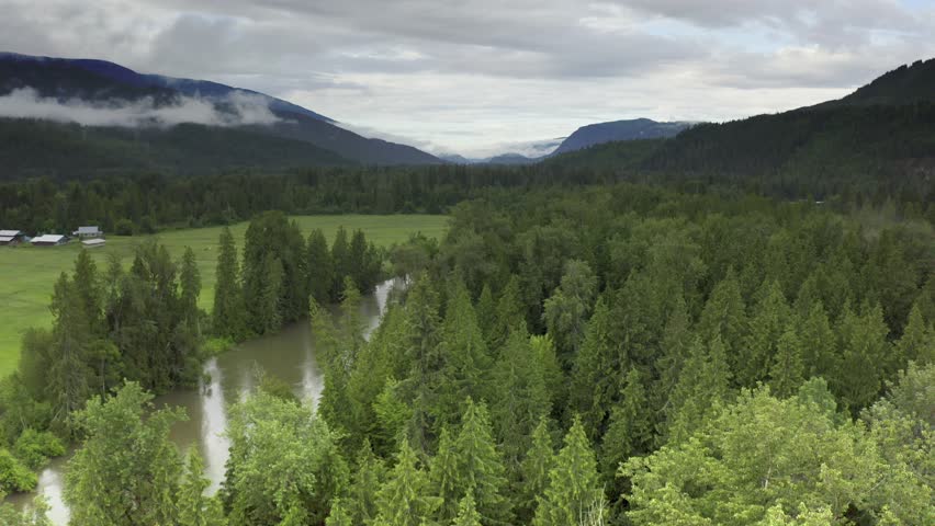 Aerial of Eagle River on cloudy summer day in June 