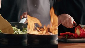 Collage of cooking on professional kitchen, Chef frying ribs with flambe technique. Professional cheif cooking pork meat in restaurant kitchen. Delicious barbecue pork, mexican spicy cuisine - Powered by Shutterstock - Get 15% off with code: PIKWIZARD15