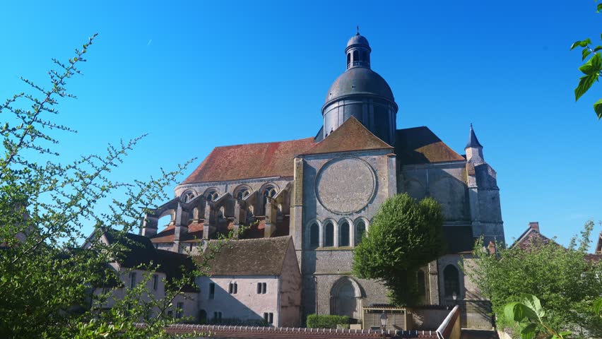 Summer landscape with a view of the collegiate Church of Saint-Quiriace, located in the city of Provins, France. High quality 4k footage