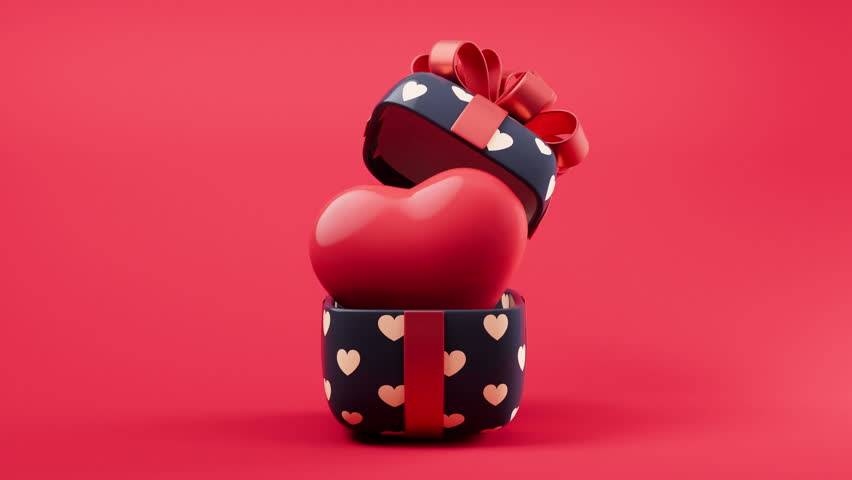 Loop animation of gift box and love heart, 3d rendering. Digital drawing.