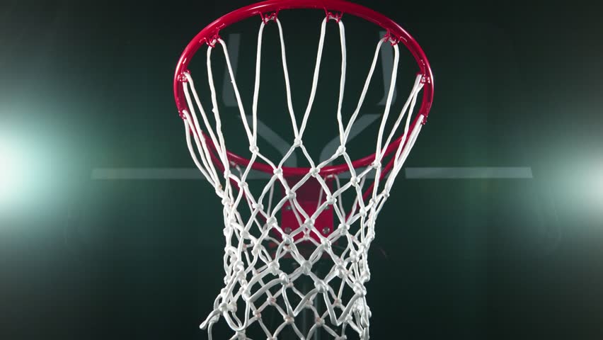 Super slow motion of basketball ball hitting the basket. Filmed on high speed cinema camera, 1000fps. Camera in motion. Speed ramp effect. Royalty-Free Stock Footage #1099100179