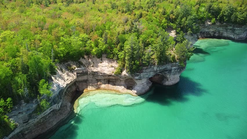 Aerial Rock Formation Descent - Indian Drum - Pictured Rocks National Lakeshore, Michigan