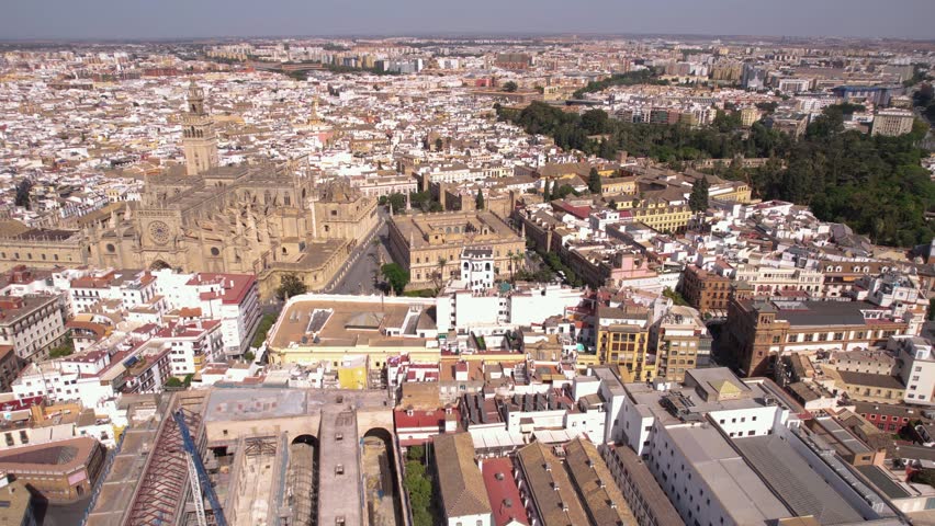 Seville, Spain. Aerial View of Archivo de Indias Museum Building by Cathedral, UNESCO World Heritage Site, Drone Shot