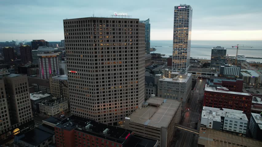 Helix Shot of Milwaukee Cityscape At Day Time, State Of Wisconsin, USA