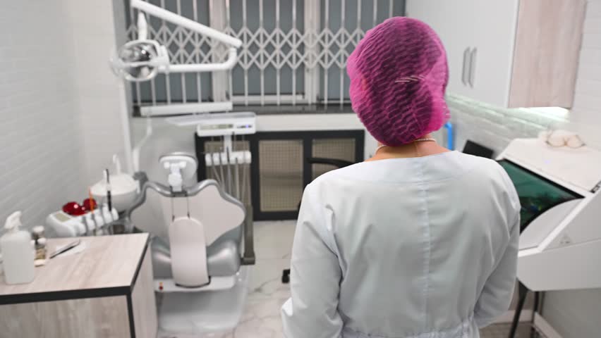 Rear view of a dentist doctor walking through the dentist's office to the dental equipment, sitting down in a chair and smiling at camera, welcoming the patient for dental check up in dentistry clinic