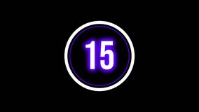 15 second timer. countdown animation from 15 to 0. Modern flat design with neon style on black background