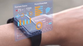 Futuristic hologram infographic display on smartwatch, 3d rendering medical data user interface screen app on hi-tech watch, heart rate SpO2 scanning and physical health condition UI technology - Powered by Shutterstock - Get 15% off with code: PIKWIZARD15