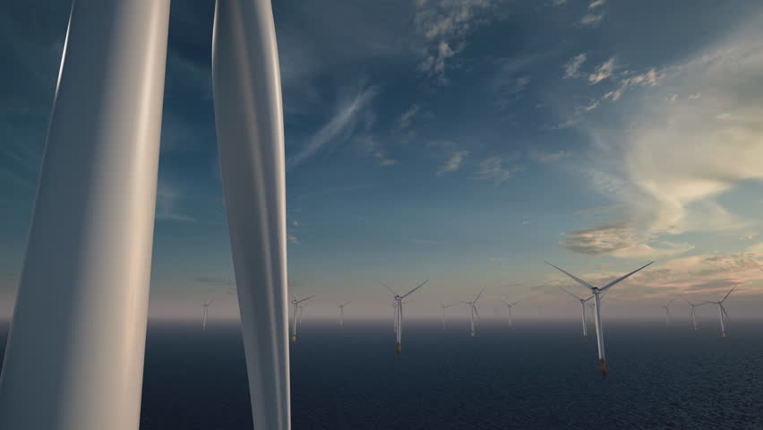 3D-Animation: an offshore windpark at the ocean in daylight with a bright sun camera animation from bottom to top of a white windmill with a view to the horizon. Many windmills in the background. Royalty-Free Stock Footage #1099104059