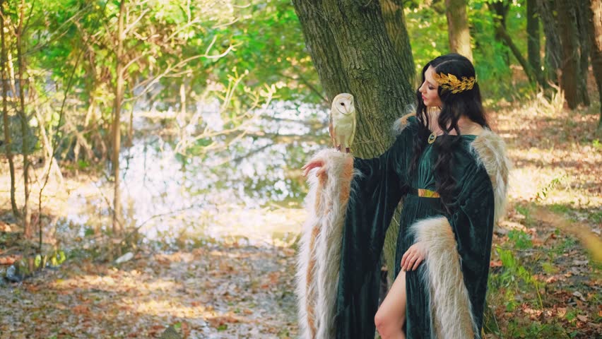 forest nymph fantasy woman holding barn owl in hands. Green warm coat long dress medieval style. Forest autumn trees green nature river. Long hair golden diadem. Fashion model posing with white bird Royalty-Free Stock Footage #1099105973