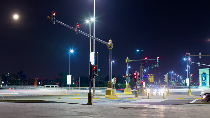 abu dhabi night illumination traffic crossroad panorama 4k time lapse uae