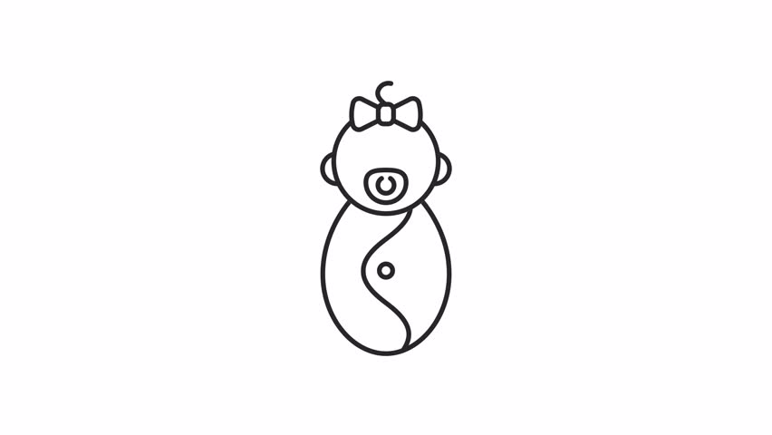 Animated baby girl linear icon. Infant care. Babyhood. Age group. Newborn with pacifier. Seamless loop HD video with alpha channel on transparent background. Outline motion graphic animation