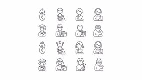 Animated age groups linear icons. Different gender groups. Lifetime characters. Seamless loop HD video with alpha channel on transparent background. Outline motion graphic animation