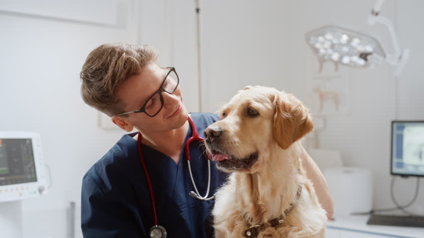 Professional Animal Clinic Specialist with Stethoscope Posing with a Pet Golden Retriever in a Contemporary Medical Veterinary Clinic Facility with Computers and Diagnosis Equipment. Zoom Out Footage Royalty-Free Stock Footage #1099108077