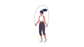 Animated woman jumping rope. Reducing belly fat. Full body flat person on white background with alpha channel transparency. Colorful cartoon style HD video footage of character for animation