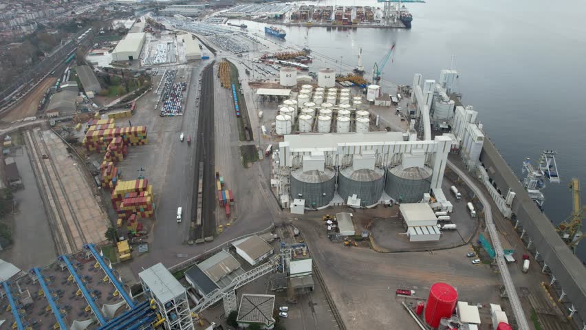 Aerial view industrial facility for storage of oil and petrochemical products 