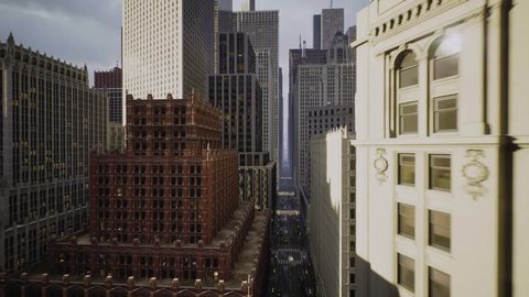 Fpv Drone Flies Over the Streets next to Modern Skyscrapers in the Center of a large Metropolis City. Digital Cinematic Metropolitan City : vidéo de stock