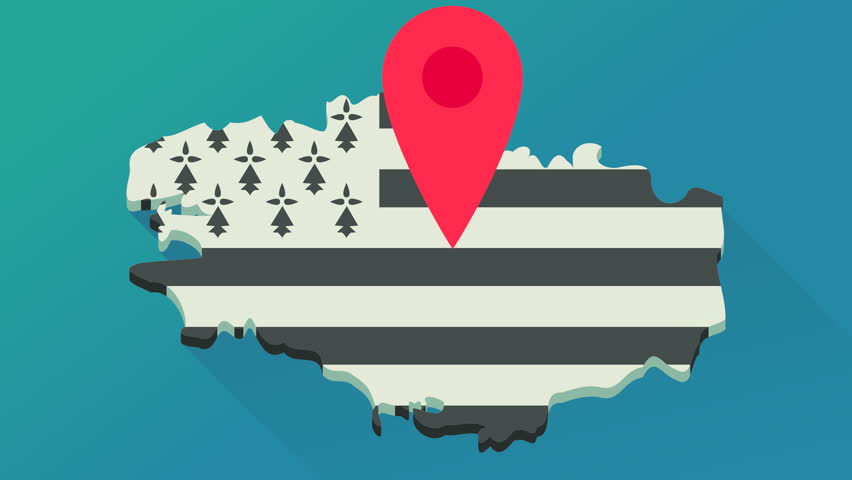 Looping animation with red location marker jumping over 3D map of Brittany in colors of Breton flag in flat design style on blue background with shadow