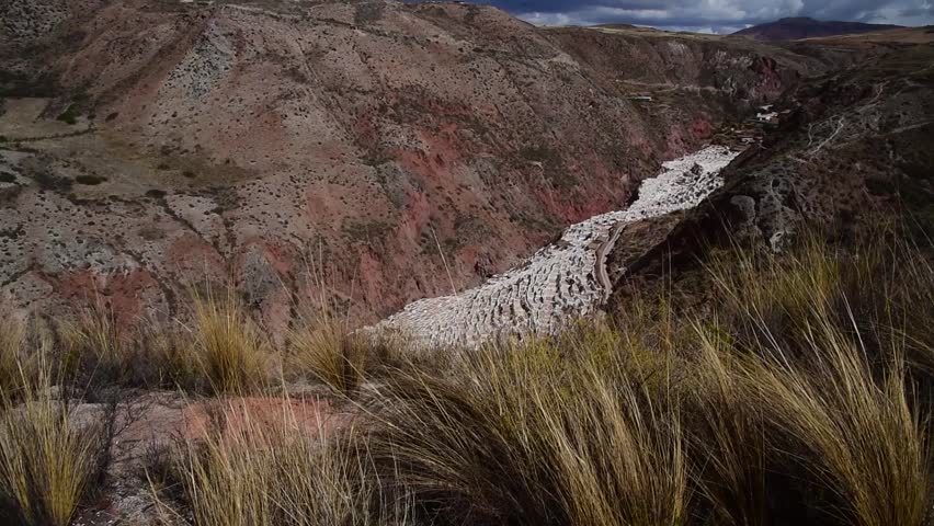 Impressive static shot of the Maras salt mines located in the sacred Valley of the Incas, 46 kilometers away from Cusco city in Peru.