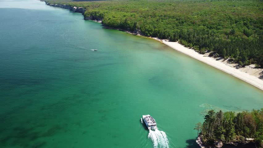 Aerial of Tour Ferry Boat on Lake Superior - Pictured Rocks National Lakeshore