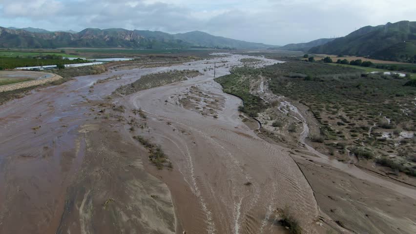 santa clara river after heavy rainfall, aerial drone footage