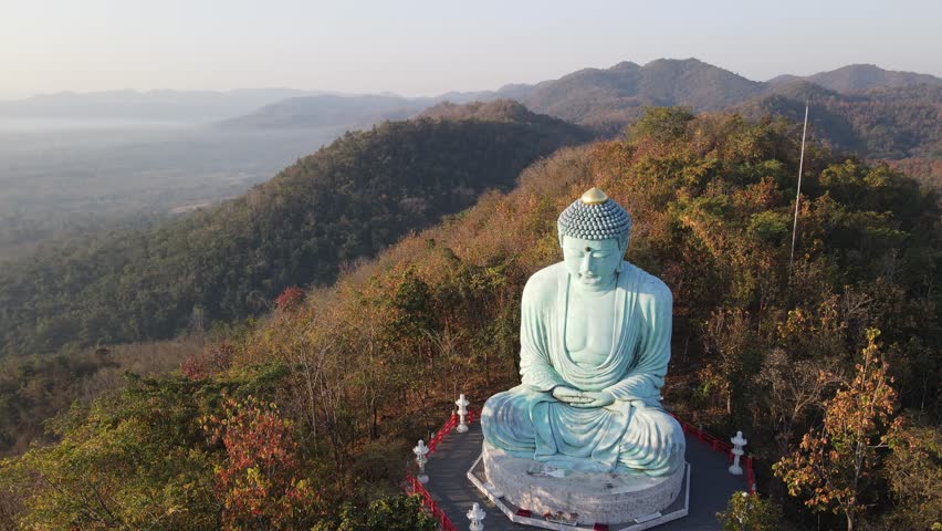 High angle view (Daibutsu) stucco Buddha statue at Doi Prachan Temple in Lampang,Thailand.