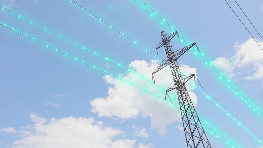 High voltage tower concept. Visualization of current in wires. High voltage tower. | Shutterstock HD Video #1099115617