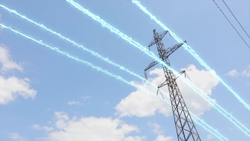 Visualization of current in wires. High voltage tower. High voltage tower concept. | Shutterstock HD Video #1099115619