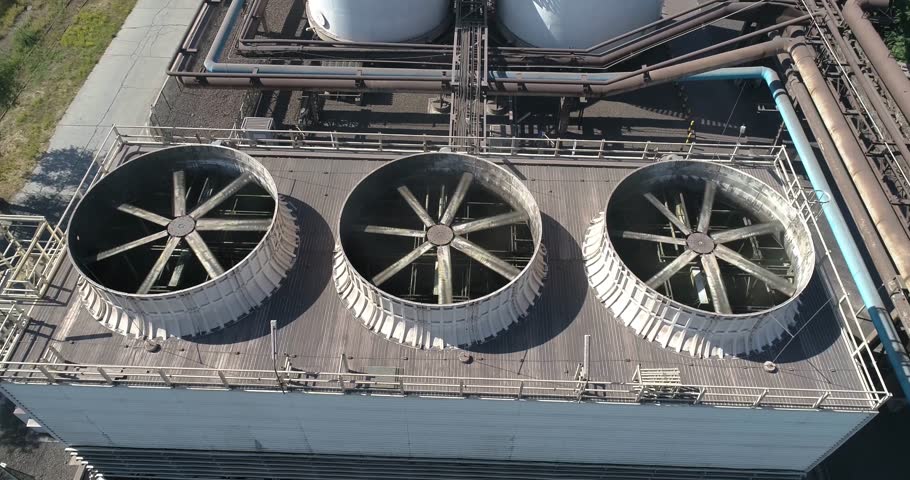 Industrial cooling towers. Cooling tower from a drone. Wet cooling towers. Evaporative cooling towers