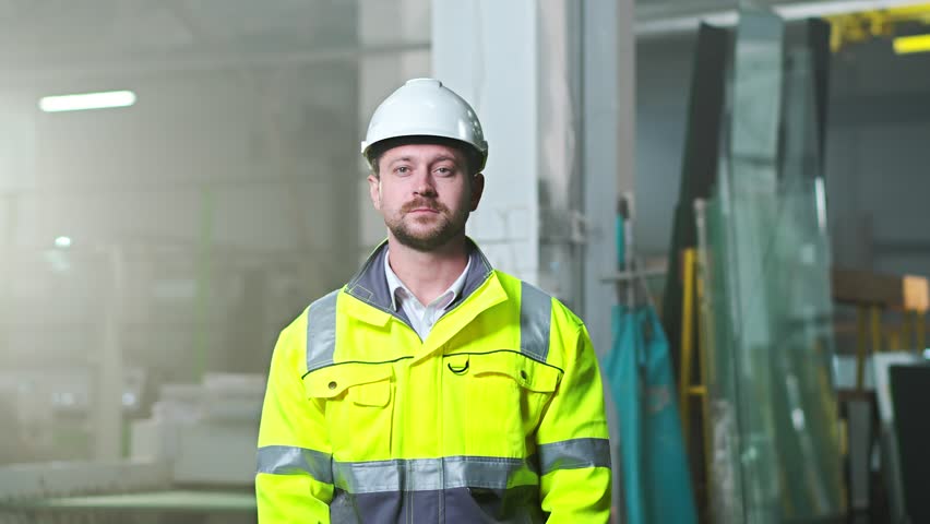 Portrait of handsome Caucasian man in helmet and uniform standing at plant manufactoring and taking on goggles. Indoors. Young worker at factory in hardhat and protectional glasses. Protection. Royalty-Free Stock Footage #1099117443