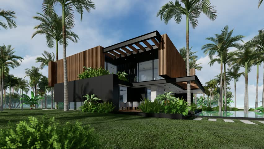 4K video rendering of modern cozy house with parking and pool for sale or rent with wood plank facade by the sea or ocean. Sunny day by the coast with palm and flowers in tropical island Fly-walk