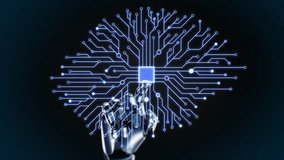 Robot Hand Pushing Touch Screen Button and Computer Tracks Forming Abstract Digital Brains 3d Animation. Artificial Intelligence Neural Network Generator Working Process Illustration Concept 4k.  - Powered by Shutterstock - Get 15% off with code: PIKWIZARD15