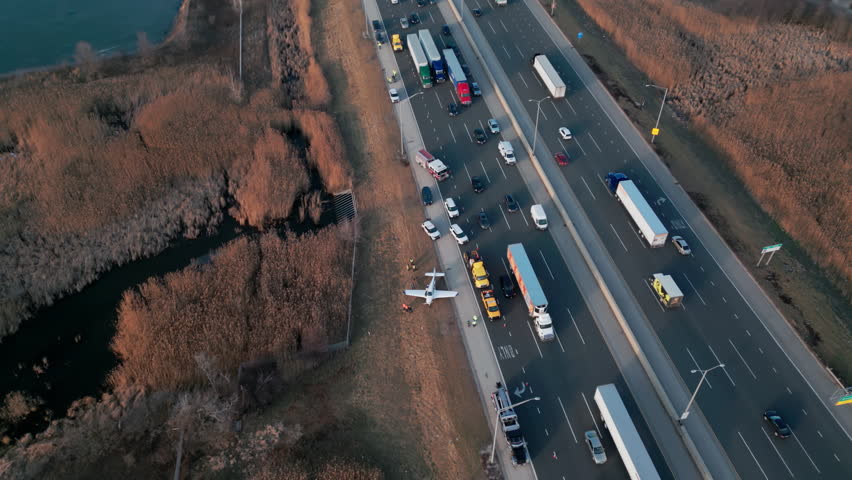 Emergency airplane landing on highway. Wide aerial shot