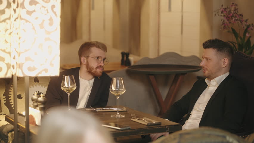 Two businessmen resting in restaurant, talking and discussing business, drinking wine in weekend | Shutterstock HD Video #1099125863