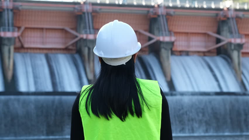 Rear view of female engineer in green vest and helmet standing outside against background of dam with hydroelectric power plant and irrigation. Royalty-Free Stock Footage #1099126811