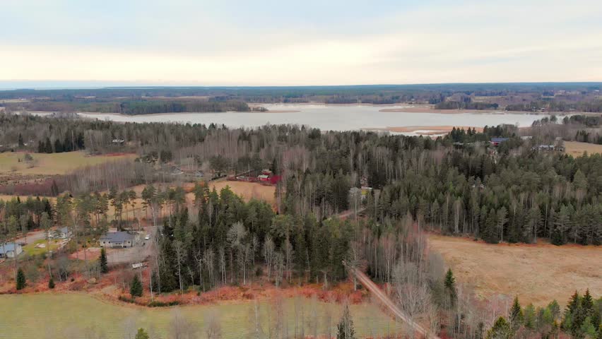 Aerial view of Finnish countryside, Gulf of Finland in the background