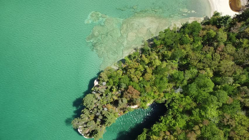Aerial Top Down of Sandstone Cove, Beach and Rock Cliffs, Pictured Rocks National Lakeshore, Munising, Michigan
