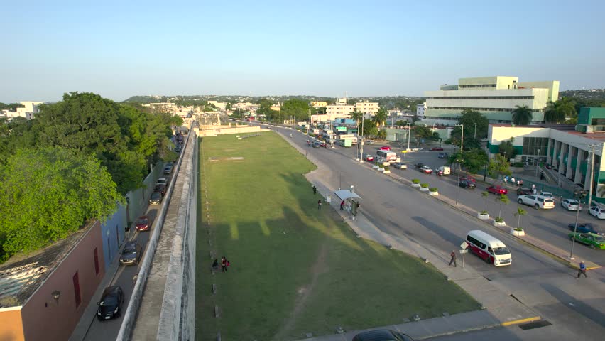 FPV view of the wall of Campeche in Mexico