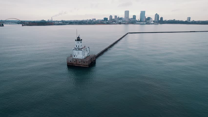 dramatic aerial of Milwaukee Breakwater Lighthouse from Lake Michigan, milwaukee downtown, Wisconsin, USA