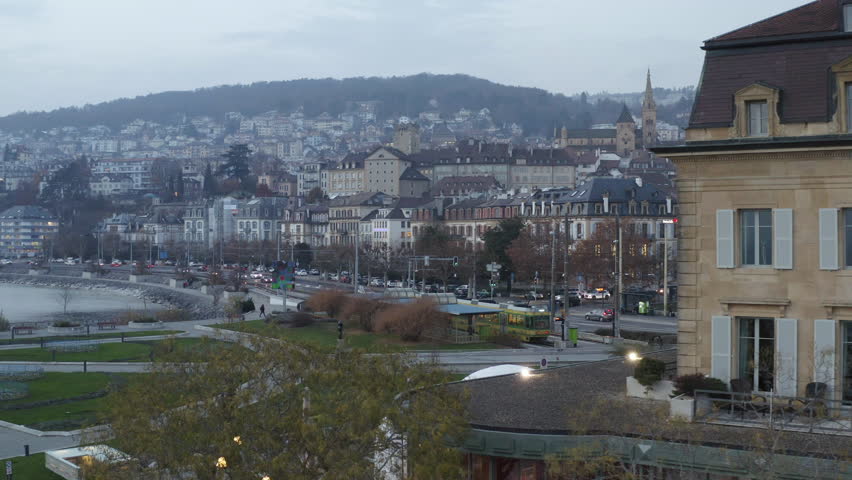 Aerial view of the embankment in the city of Neuchatel in Switzerland. 4K