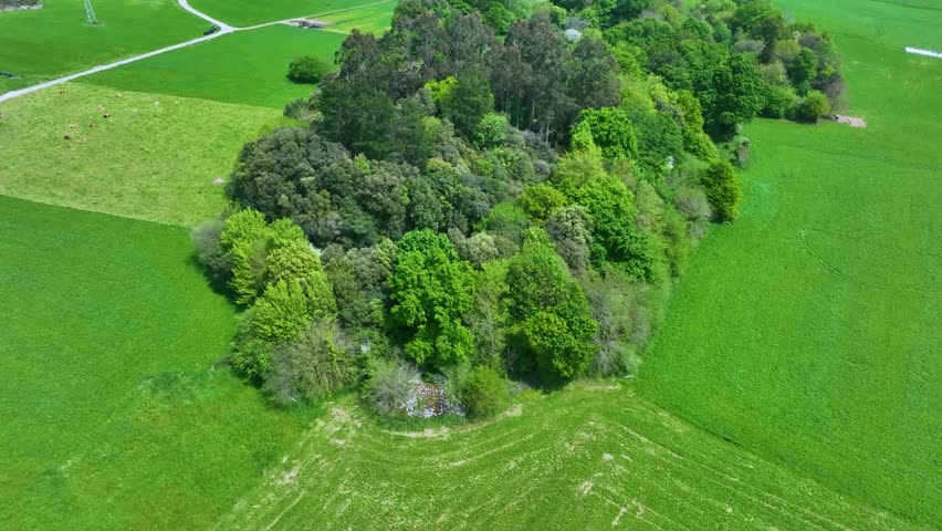 Spring landscape seen from a drone in the surroundings of the town of Ogarrio. Ruesga Valley. Hills of the Ason Natural Park. Cantabria, Spain, Europe